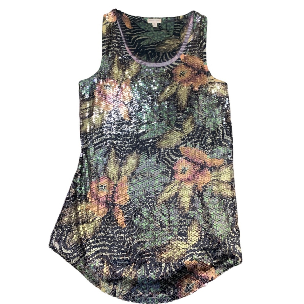 SILENCE & NOISE URBAN OUTFITTERS Metallic Gold Green Floral Sequin Tank S